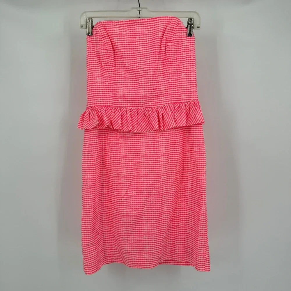 Lilly Pulitzer Lowe Dress Fiesta Pink Gingham Strapless Peplum Size 6 Strapless - Picture 1 of 9